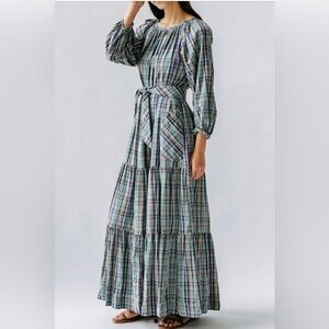 MIRTH Maxi Dress Medium Ostuni Ocean Plaid NWT Cotton Handloomed Pockets Belt